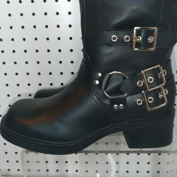 Women's 12.5" Knee High Moto Boots Buckle Strap Gothic Low Chunky Platform Black - Picture 2 of 10